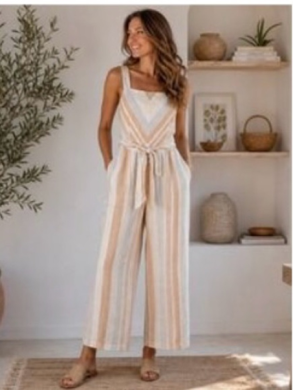 Anthropologie Savannah Striped Jumpsuit Linen Blend Bow Front Square Neck Size 6